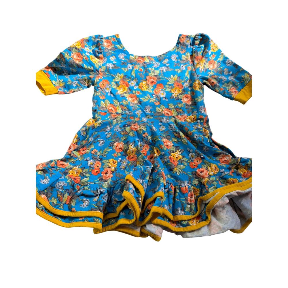 Makena Lane Girls Floral Romper Dress Size 2 Blue Orange Flowers Ruffle Pockets - Picture 5 of 5